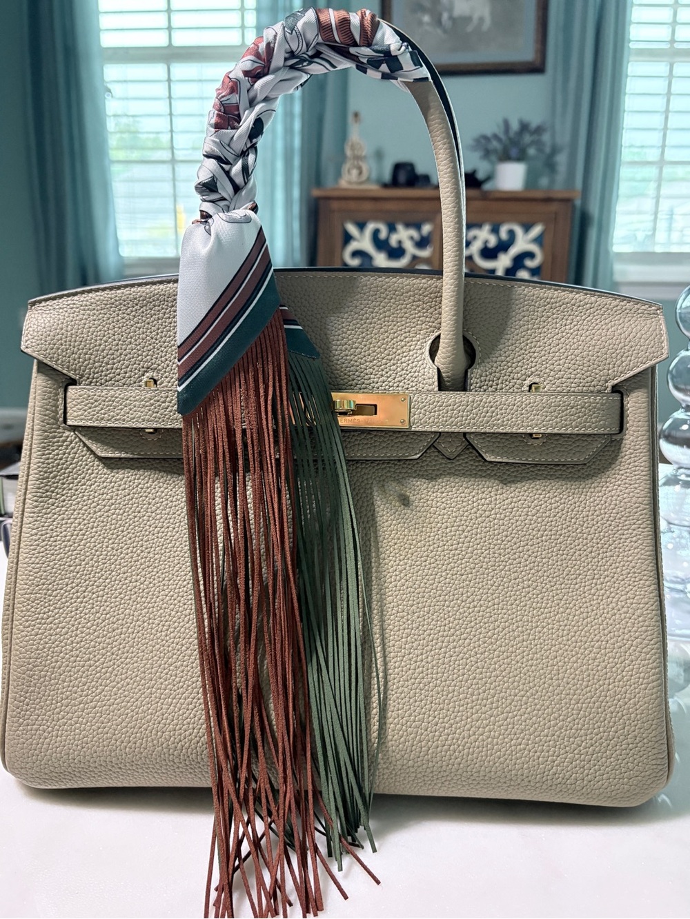 Fringe Handbag Wraps in Brown and Green Fringe